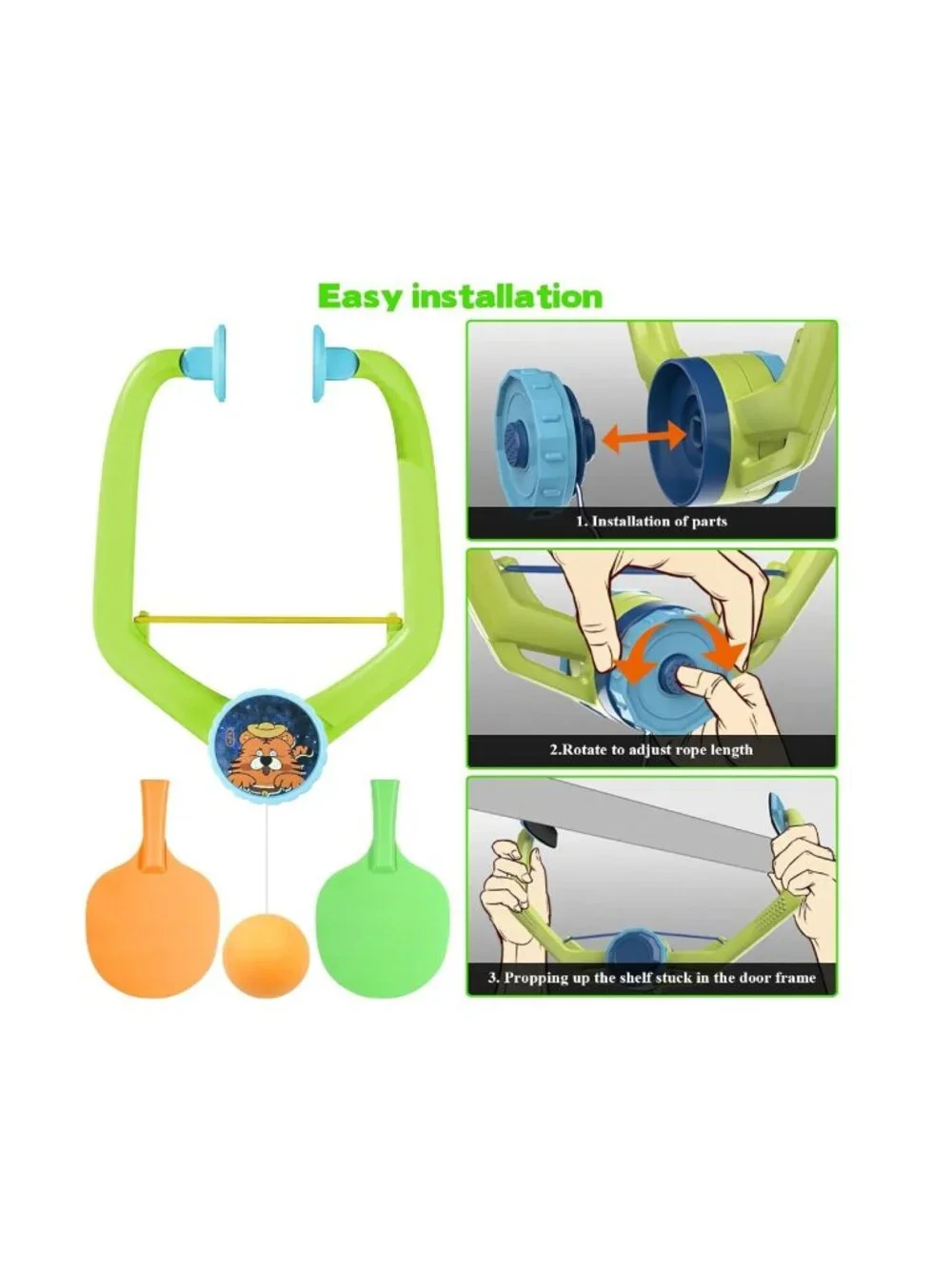 Children's Hanging Table Tennis Trainer With Adjustable Rope, 2 Paddles, 6 Balls